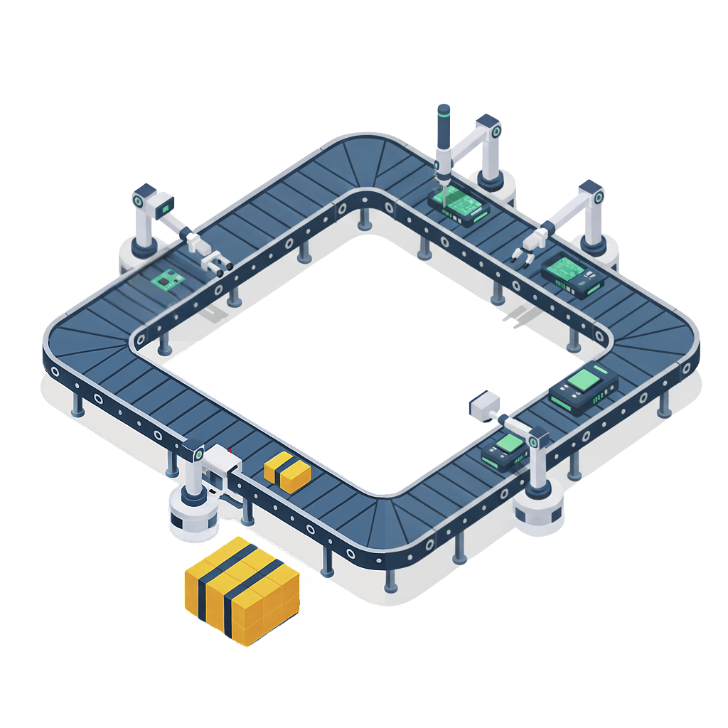 Multiplier Effect Assembly Line Illustration with Amber